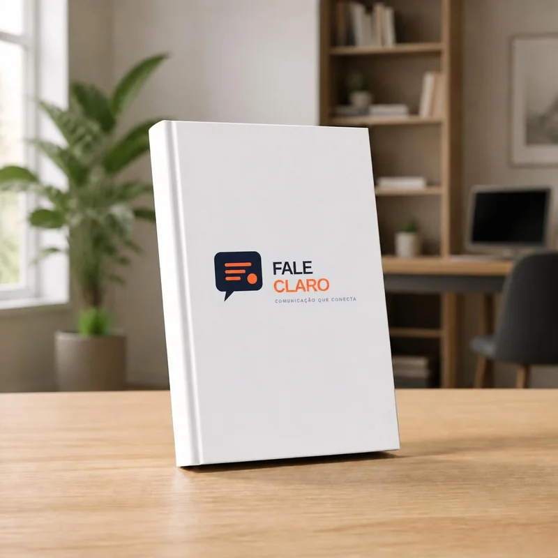 Representação da capa Fale Claro sobre uma mesa, em um ambiente de trabalho